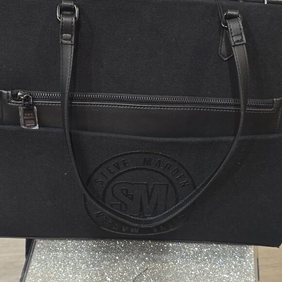 Steve Madden BLivia SM Circle Emblem Logo Candy-Coated Tote Bag- Black - Picture 8 of 11